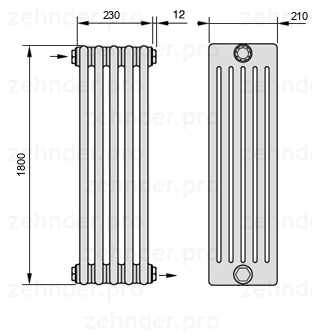 Схема (чертеж) Радиатор Zehnder Charleston 6180/5 №1670 Белый глянцевый RAL 9016